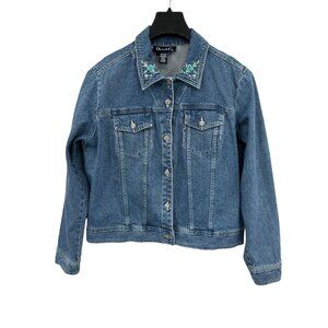 QVC Denim & Co. Women's Embroidered Collar Denim Jacket Classic Trucker Medium
